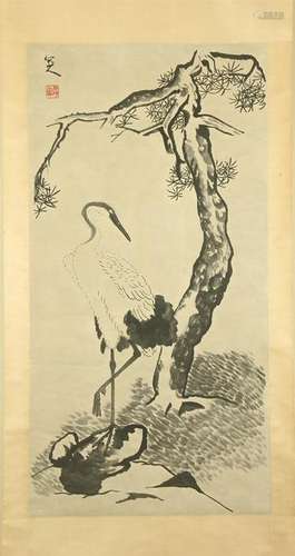 CHINESE SCROLL PAINTING OF CRANE UNDER PINE