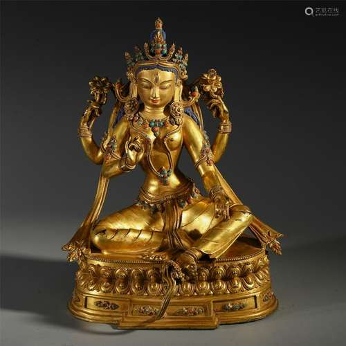 TIBETAN GEM STONE INLAID GILT BRONZE SEATED TARA