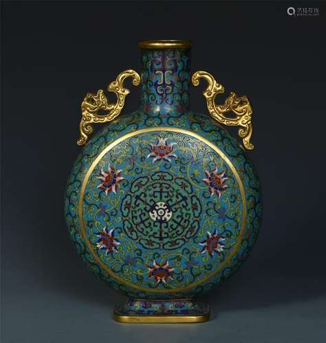 CHINESE CLOISONNE FLOWER HANDLE MOONFLASK VASE