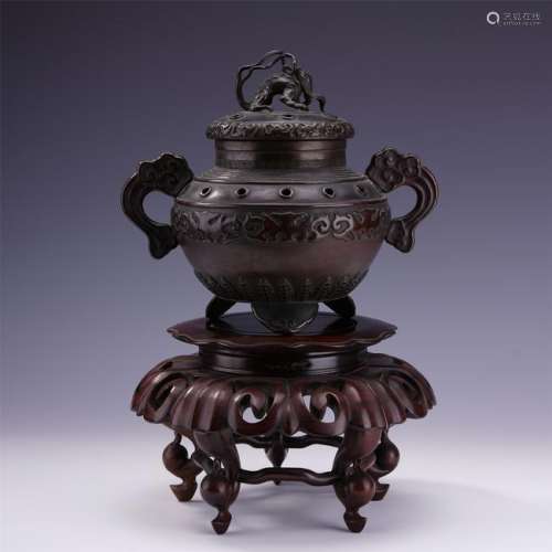 CHINESE BRONZE HANDLED LIDDED CENSER ON STAND