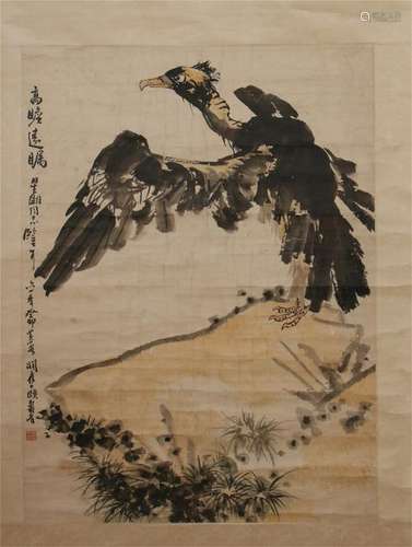 CHINESE SCROLL PAINTING OF EAGLE ON ROCK