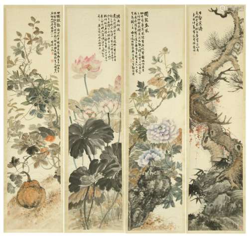 FOUR PANELS OF CHINESE SCROLL PAINTING OF FLOWER WITH