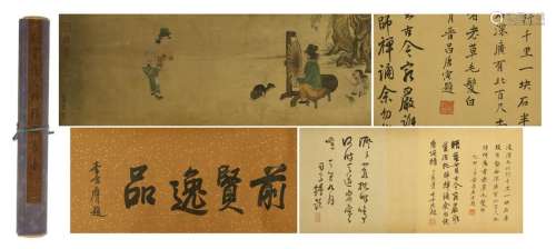 CHINESE HAND SCROLL PAINTING OF BEAUTY IN GARDEN WITH