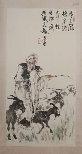 CHINESE SCROLL PAINTING OF MAN ON RAM WITH CALLIGRAPHY