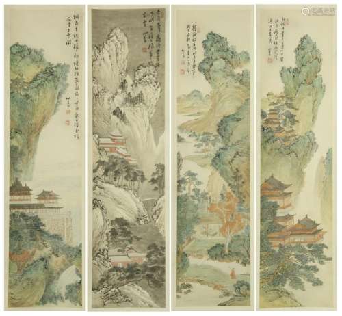 FOUR PANELS OF CHINESE SCROLL PAINTING OF MOUNTAIN
