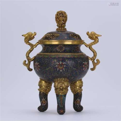 CHINESE CLOISONNE TRIPLE FEET LIDDED DRAGON HANDLED