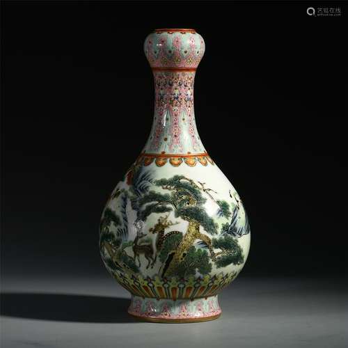 CHINESE PORCELAIN ENAMEL DEER IN WOOD YUHUCHUN VASE