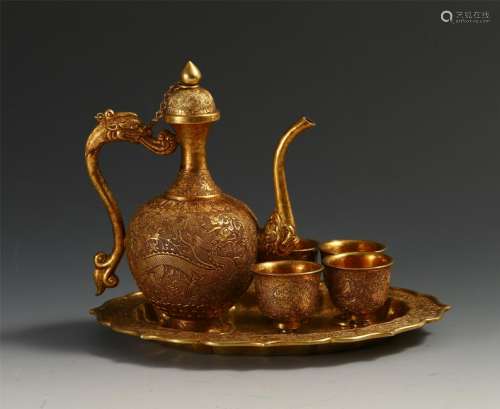 CHINESE GILT BRONZE DRAGON HANDLE LIDDED KETTLE WITH