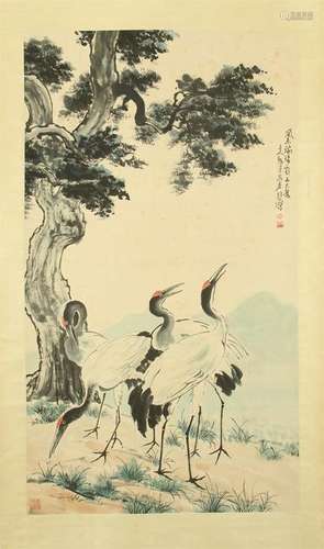 CHINESE SCROLL PAINTING OF CRANE UNDER TREE