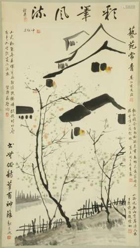 CHINESE SCROLL PAINTING OF LANDSCAPE WITH CALLIGRPAHY