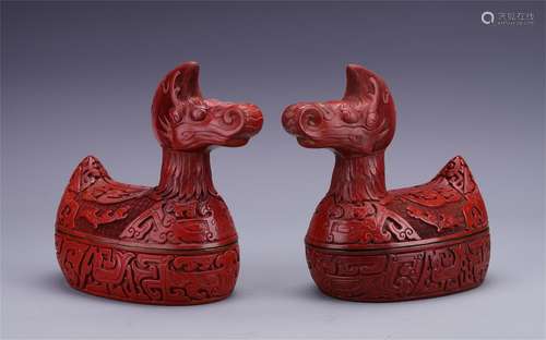 PAIR OF CHINESE CINNABAR DUCK LIDDED BOX