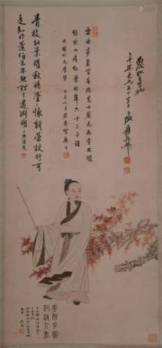 CHINESE SCROLL PAINTING OF MAN AND FLOWER WITH