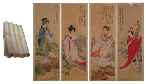 FOUR PANELS OF CHINESE SCROLL PAINTING OF BEAUTY