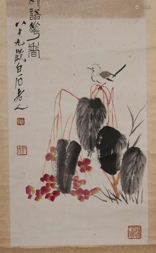 CHINESE SCROLL PAINTING OF BIRD ON TREE