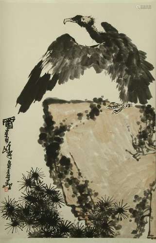 CHINESE SCROLL PAINTING OF EAGLE ON ROCK