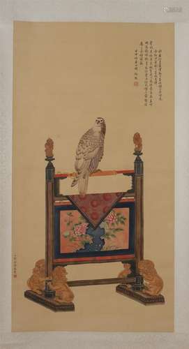 CHINESE SCROLL PAINTING OF BIRD ON PORCH