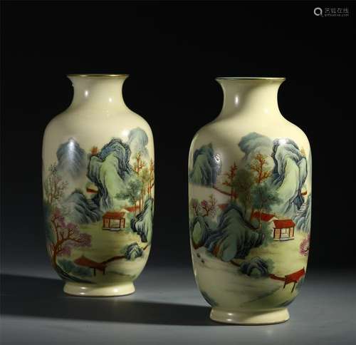 PAIR OF CHINESE PORCELAIN FAMILLE ROSE MOUNTAIN VIEWS