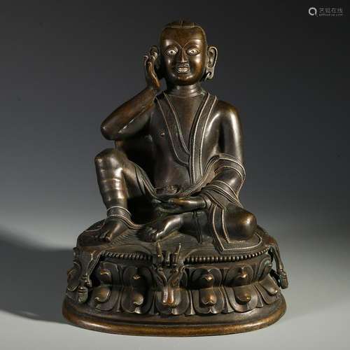 TIBETAN SILVER INLAID BRONZE SEATED BUDDHA