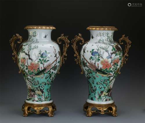 PAIR OF CHINESE METAL MOUNTED PORCELAIN WUCAI BIRD AND