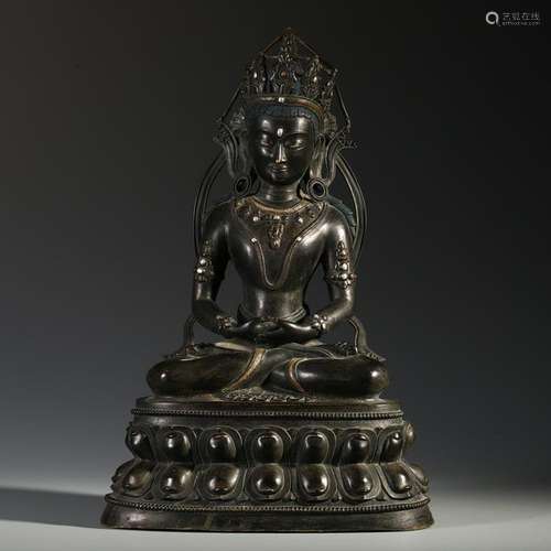 CHINESE GEM STONE INLAID BRONZE SEATED GUANYIN