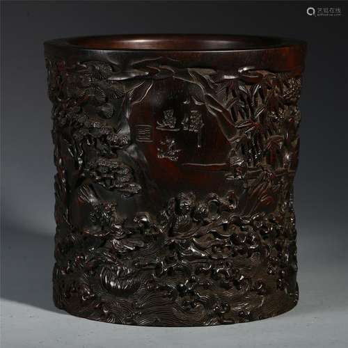 CHINESE HARDWOOD ZITAN MEN IN OCEAN BRUSH POT