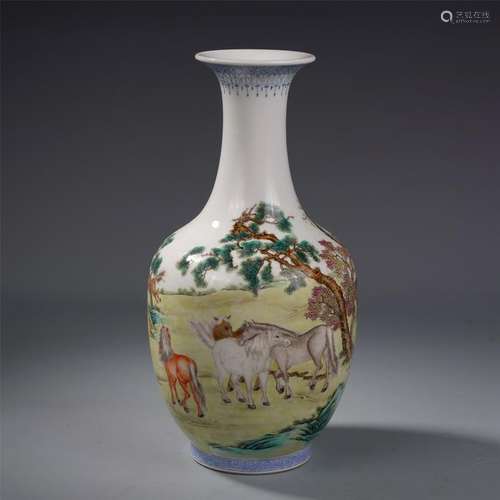 CHINESE PORCELAIN FAMILLE ROSE HORSE VASE