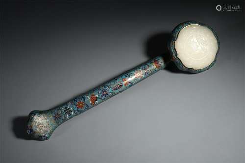 CHINESE WHITE JADE PLAQUE INLAID CLOISONNE RUYI SCEPTER