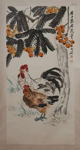 CHINESE SCROLL PAINTING OF ROOSTER AND FLOWER