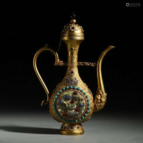 CHINESE GEM STONE INLAID GILT BRONZE KETTLE