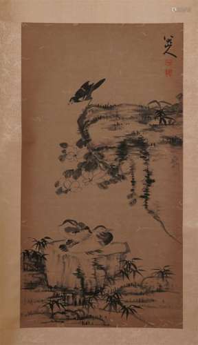 CHINESE SCROLL PAINTING OF BIRD ON ROCK
