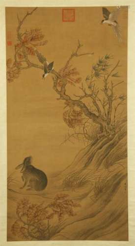 CHINESE SCROLL PAINTING OF RABBIT AND BIRD