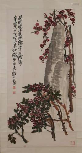 CHINESE SCROLL PAINTING OF FLOWER AND ROCK