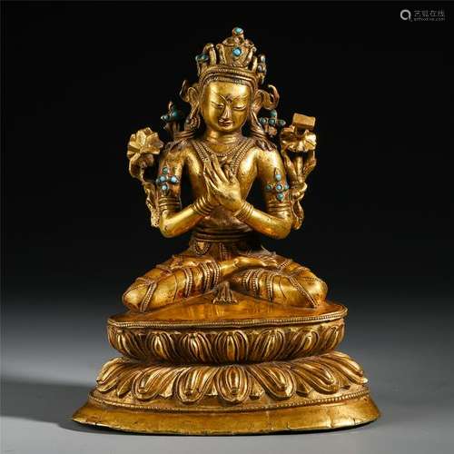 CHINESE GEM STONE INLAID GILT BRONZE SEATED BUDDHA