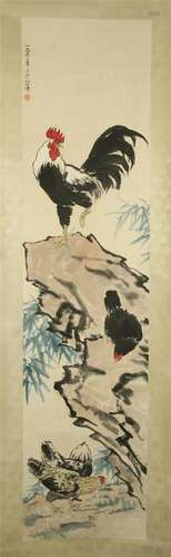 CHINESE SCROLL PAINTING OF ROOSTER ON ROCK