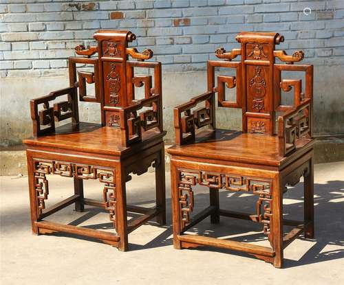 PAIR OF CHINESE HARDWOOD HUANGLI ARM CHAIRS