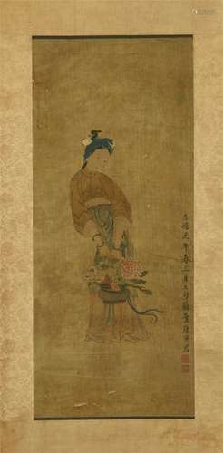 CHINESE SCROLL PAINTING OF BEAUTY WITH FLOWER