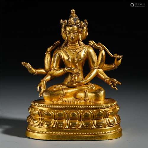 CHINESE GILT BRONZE SEATED EIGHT ARM GUANYIN