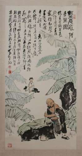 CHINESE SCROLL PAINTING OF LOHAN UNDER LEAF WITH