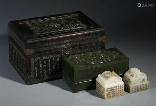 TWO CHINESE WHITE JADE SEALS IN SPINACH JADE ROSEWOOD