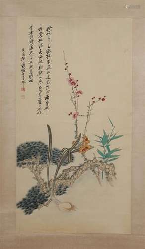 CHINESE SCROLL PAINTING OF FLOWER WITH CALLIGRAPHY