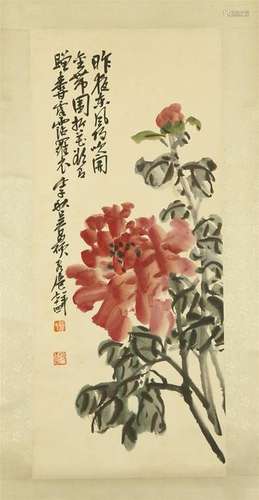 CHINESE SCROLL PAINTING OF FLOWER WITH CALLIGRAPHY