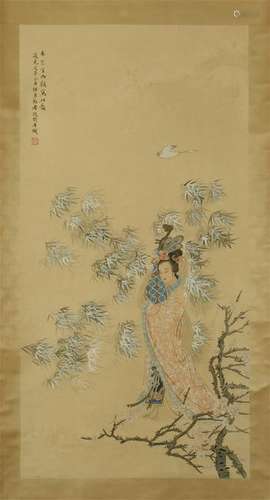 CHINESE SCROLL PAINTING OF BEAUTY IN BAMBOO