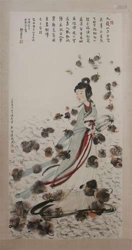 CHINESE SCROLL PAINTING OF BEAUTY WITH CALLIGRAPHY