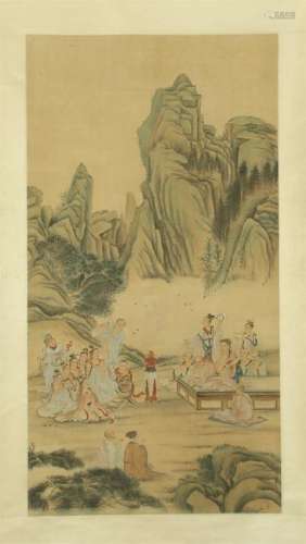 CHINESE SCROLL PAINTING OF MEN IN MOUNTAIN