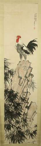 CHINESE SCROLL PAINTING OF ROOSTER ON ROCK