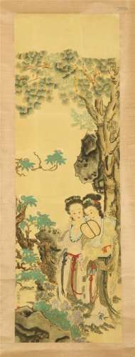 CHINESE SCROLL PAINTING OF BEAUTY IN GARDEN