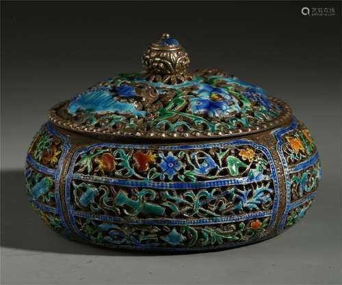 CHINESE SILVER ENAMEL FLOWER LIDDED CENSER