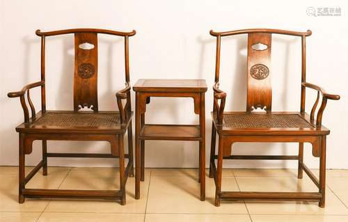 PAIR OF CHINESE HARDWOOD ARM CHAIRS WITH STAND