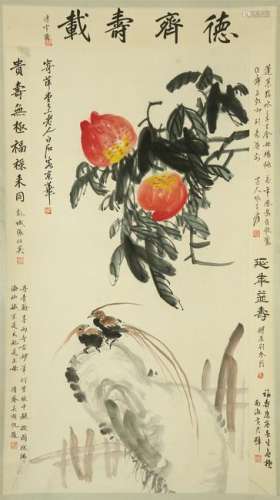 CHINESE SCROLL PAINTING OF PEACH AND BIRD WITH