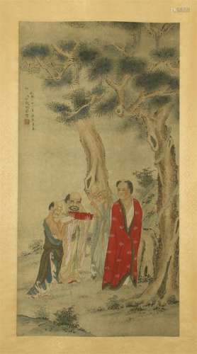 CHINESE SCROLL PAINTING OF LOHAN IN WOOD
